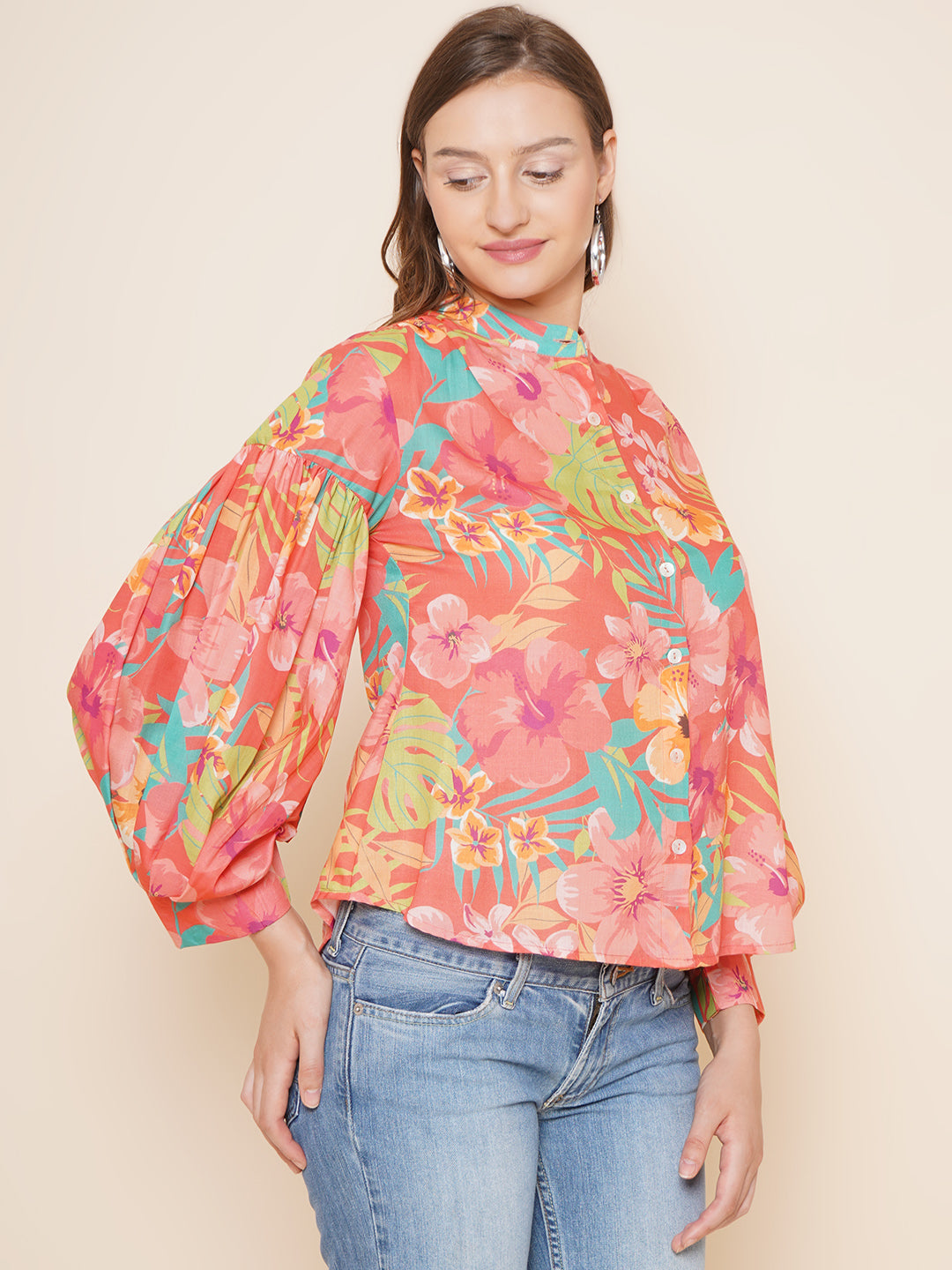 Bhama Couture Peach Floral Printed Shirt Style Top