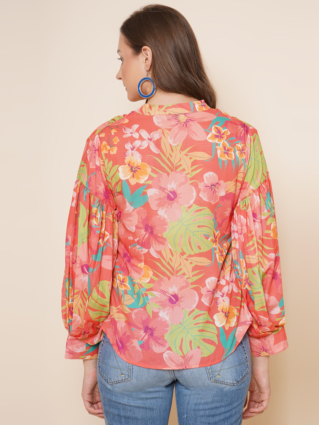 Bhama Couture Peach Floral Printed Shirt Style Top
