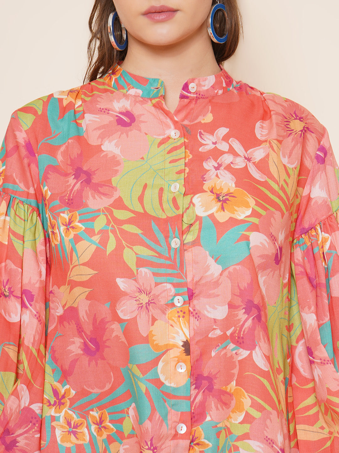 Bhama Couture Peach Floral Printed Shirt Style Top