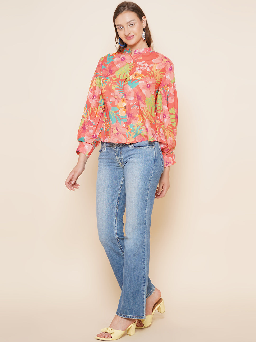 Bhama Couture Peach Floral Printed Shirt Style Top