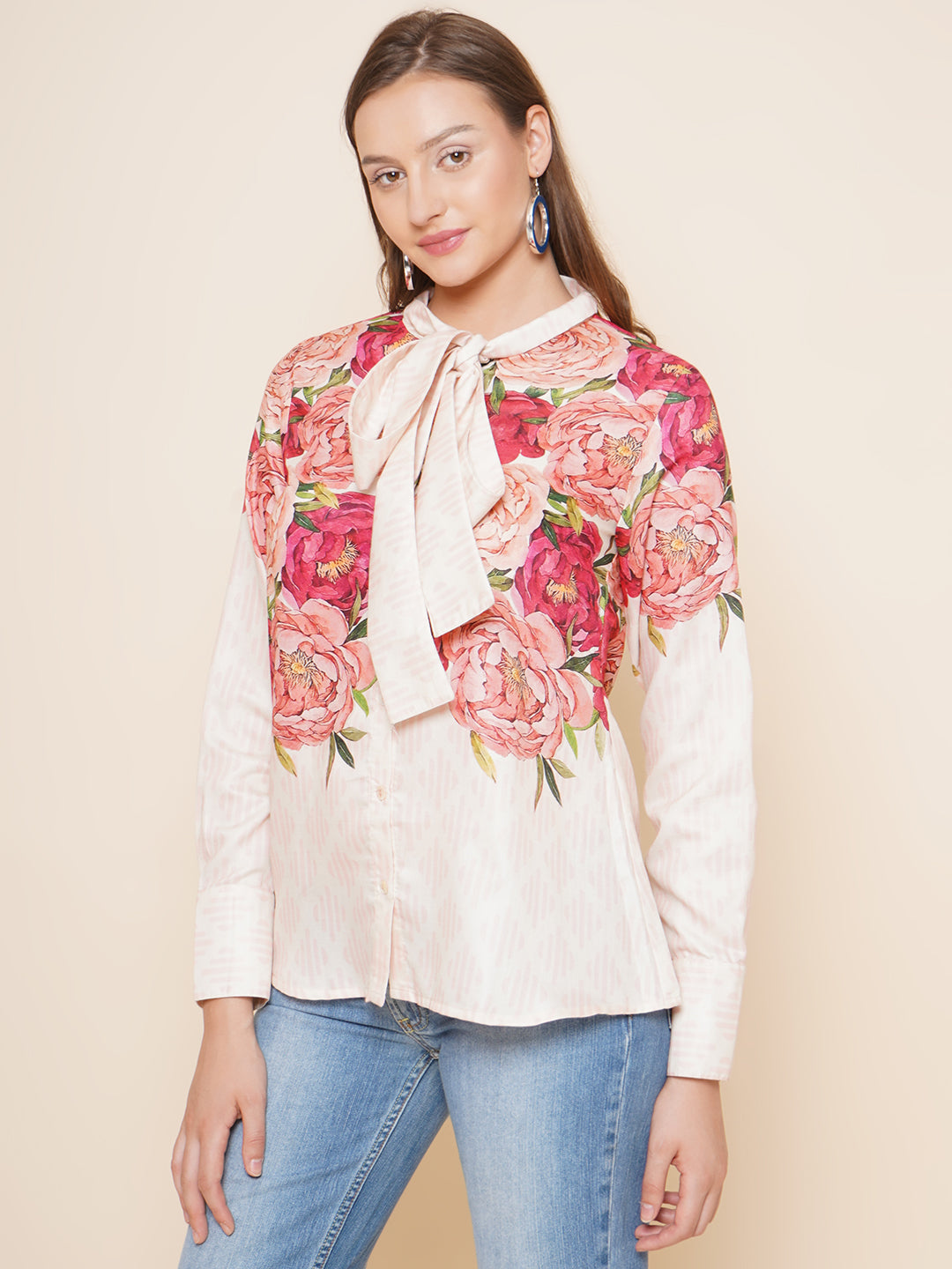 Bhama Couture Beige Floral Printed Shirt Style Top