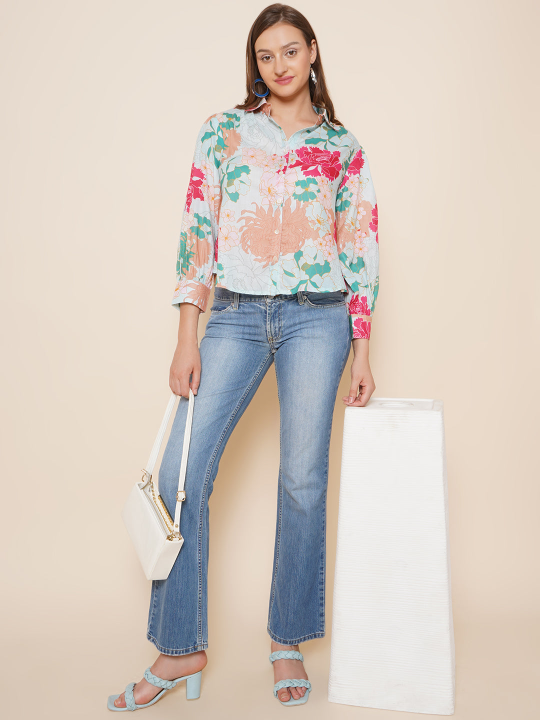 Bhama Couture Sea Green Multi Printed Shirt Style Top