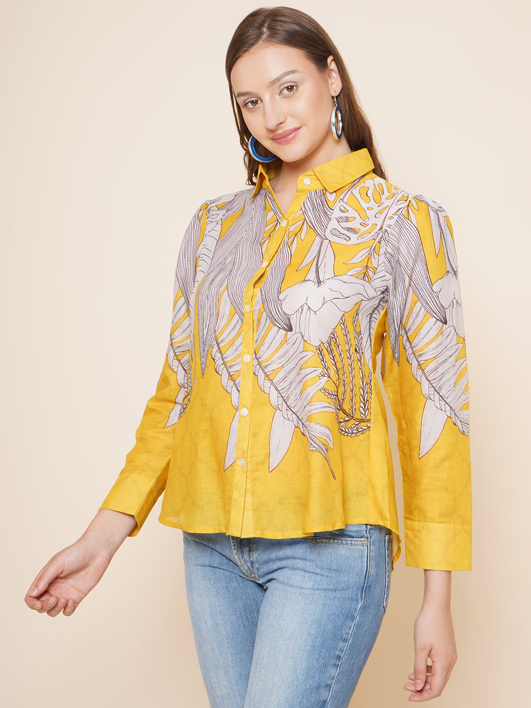 Bhama Couture Yellow & Grey Printed Shirt Style Top