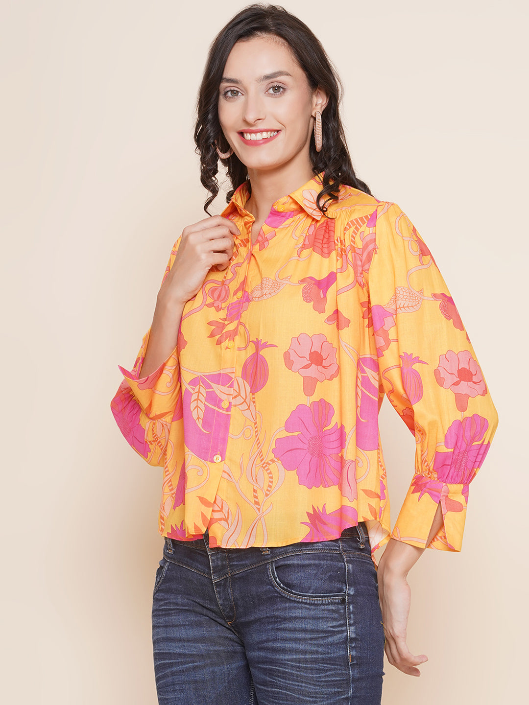 Bhama Couture Mustard Yellow Printed Shirt Style Top