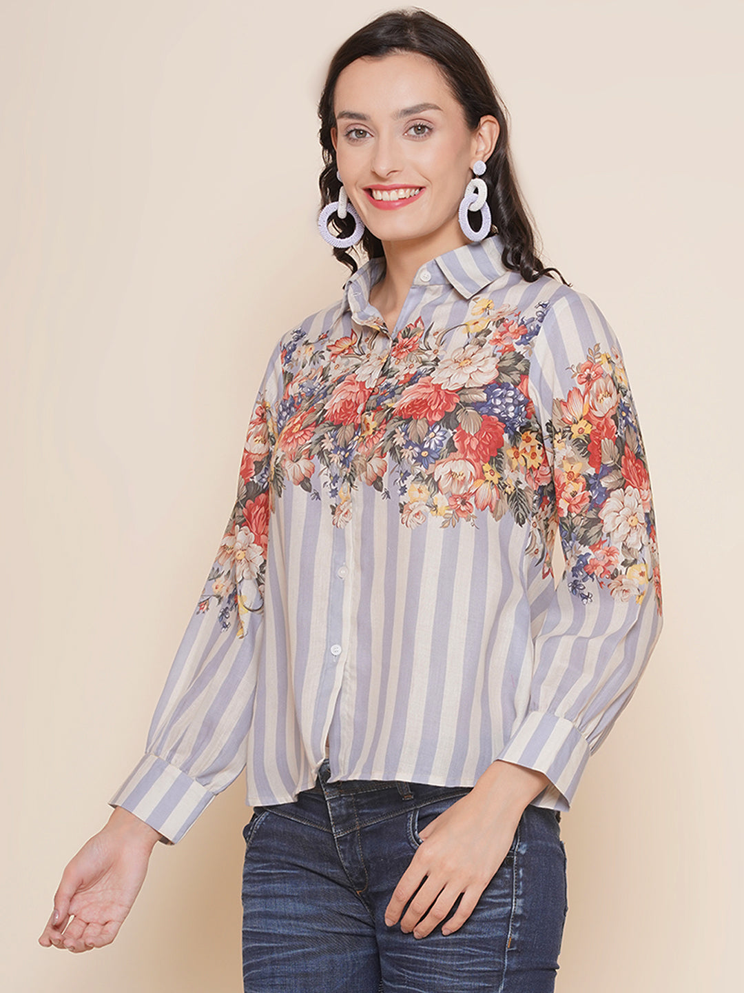 Bhama Couture Grey Floral Printed Shirt Style Top