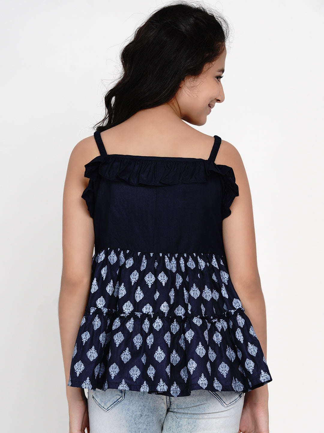 Bitiya by Bhama Girls Blue & White Peplum Top