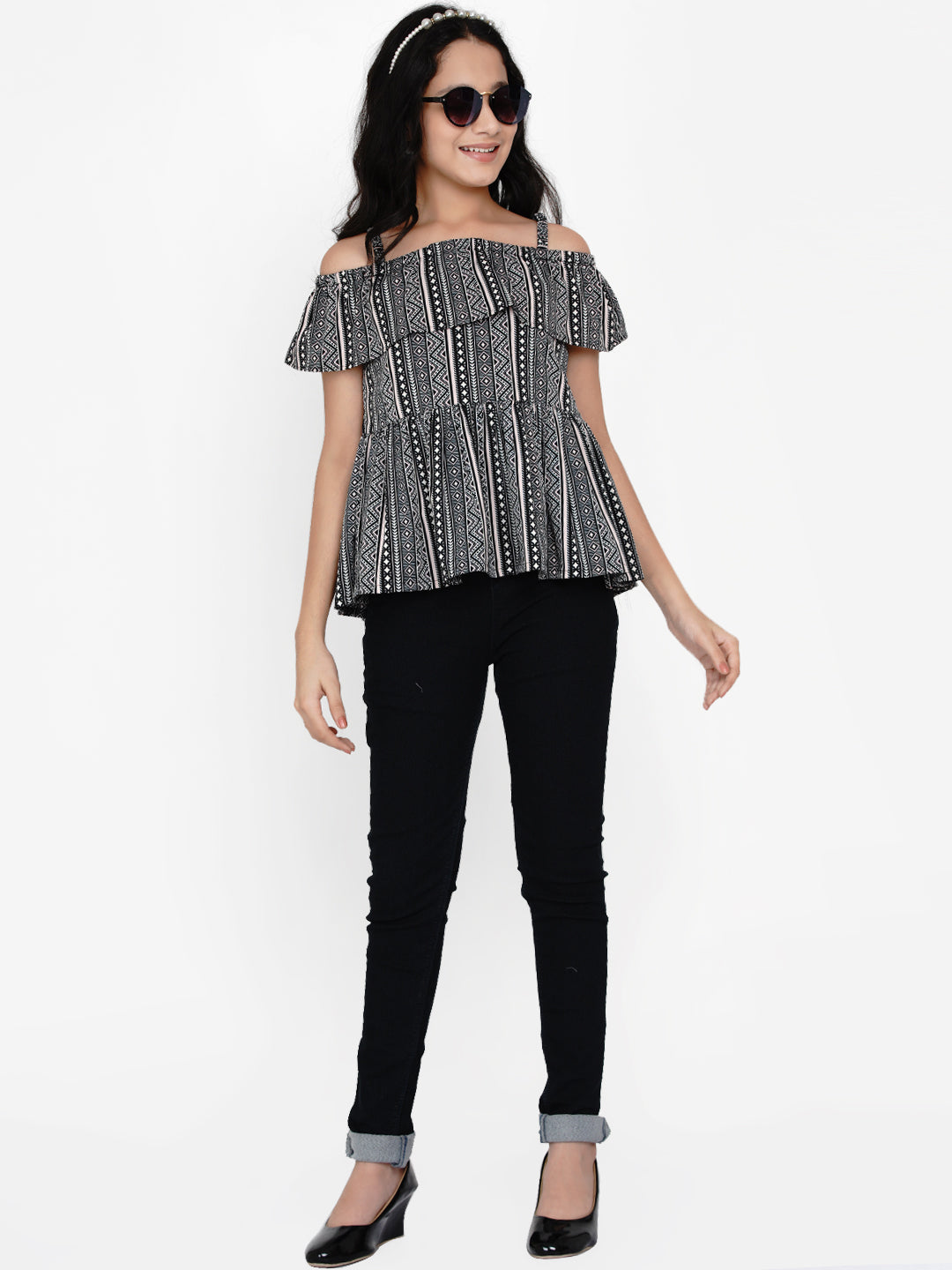 Bitiya by Bhama Girls Black & White Geometric Layered Peplum Top