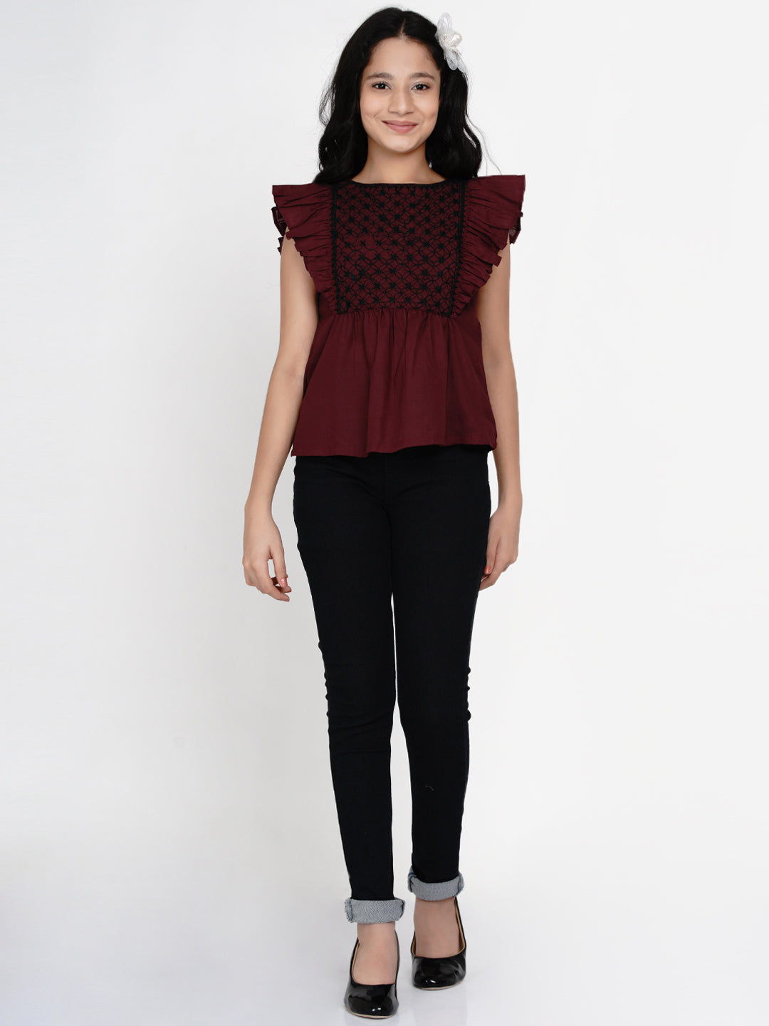 Bitiya by Bhama Maroon & Black Embroidered Top