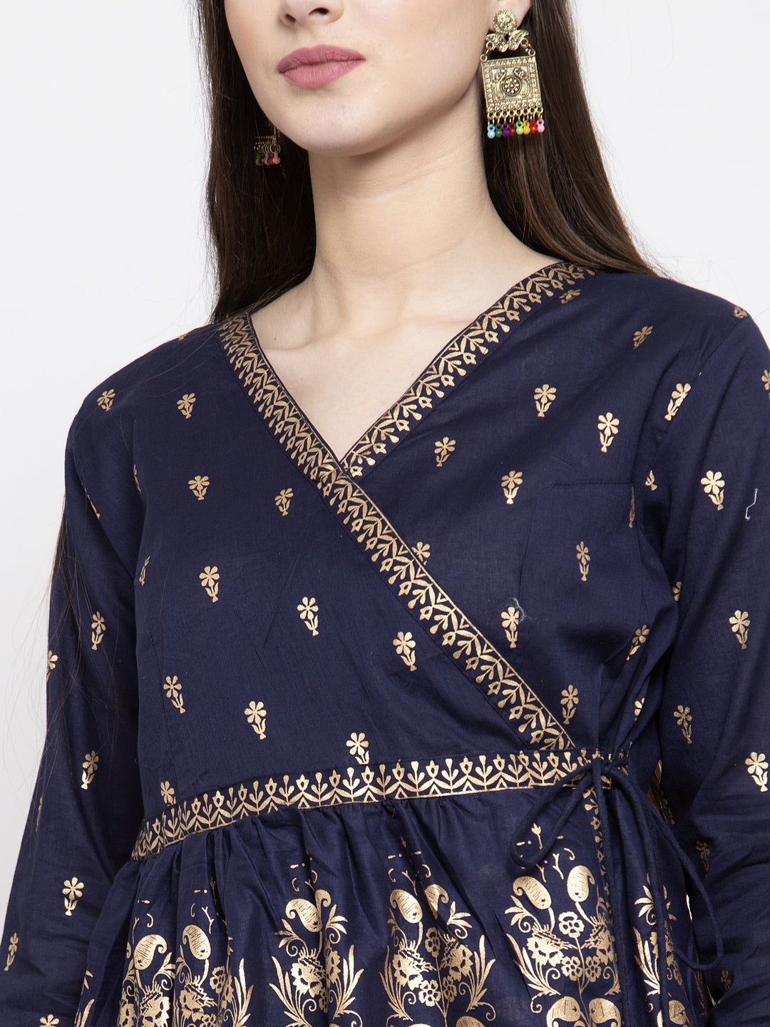 Bhama Cuture Navy Blue & Golden Foil Printed Tunic