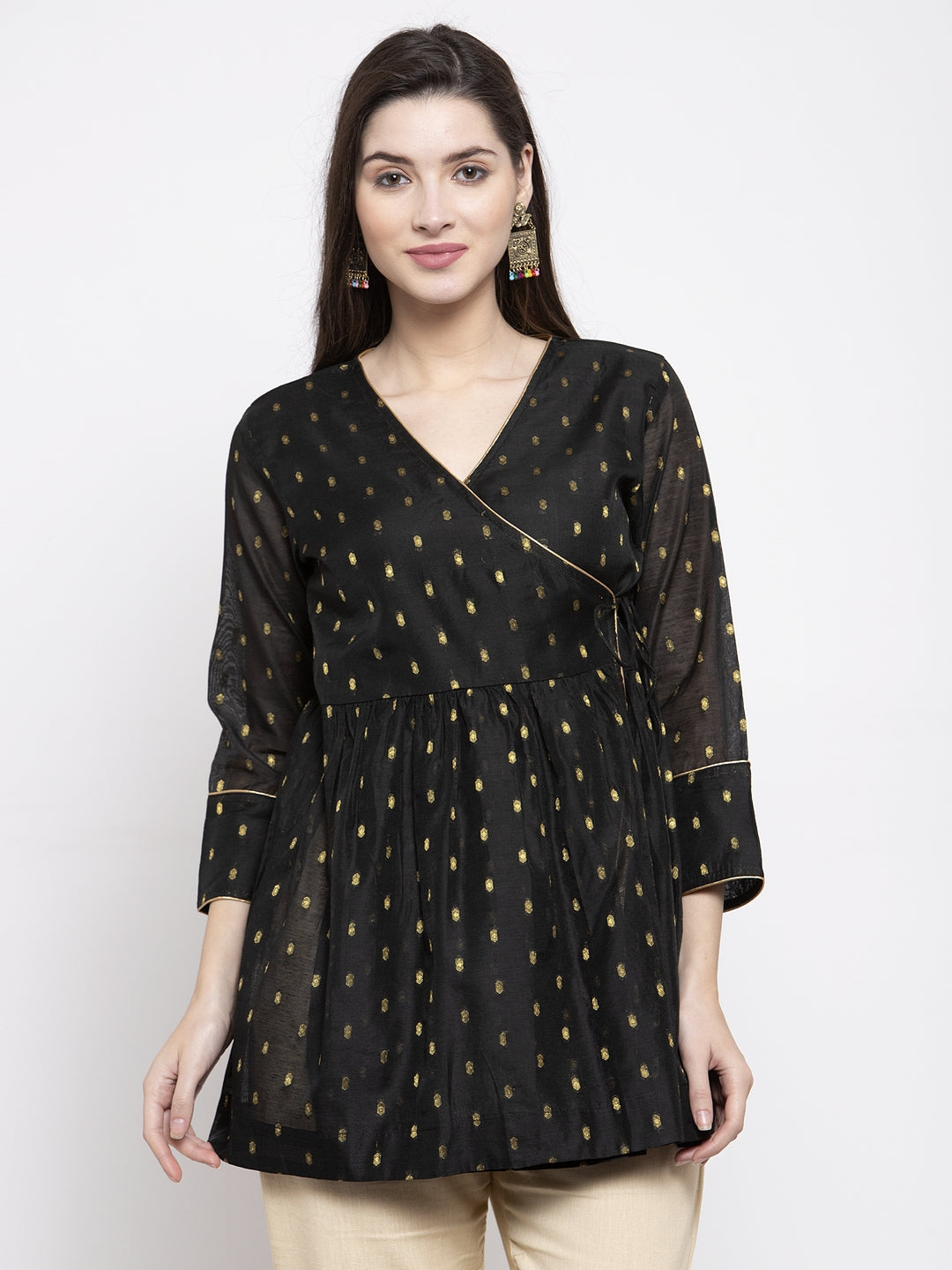 Bhama Couture Black & Golden Print Angrakha Tunic