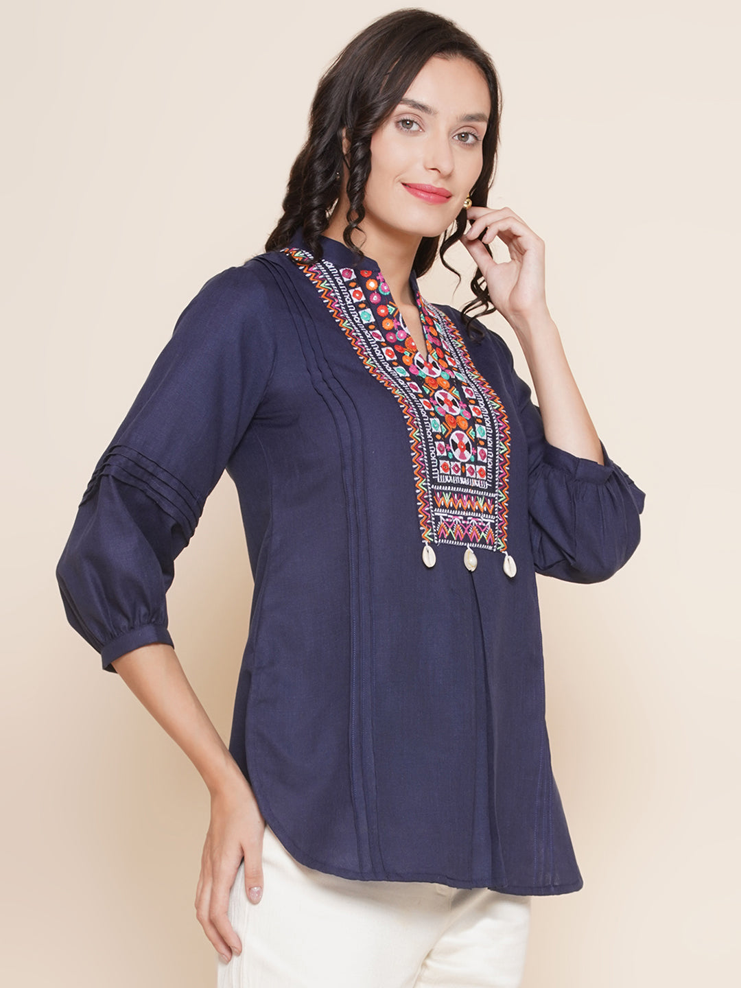 Bhama Couture Navy Blue High Low Embroidered Tunic