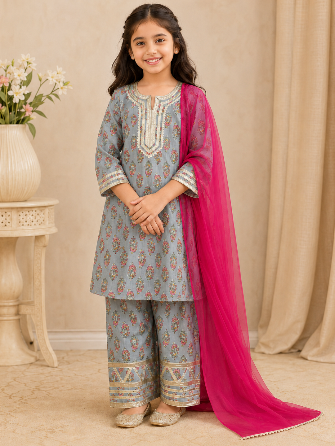 Bitiya By Bhama Girls Grey Floral Printed Kurta With Farsi Salwar & Dupatta
