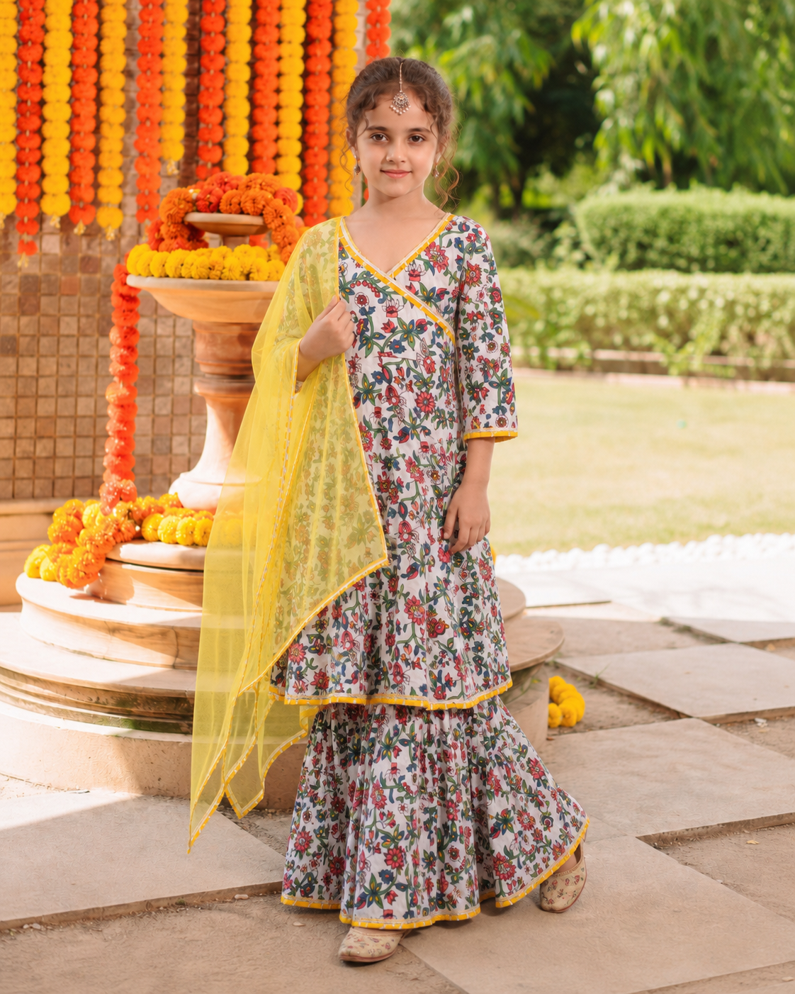 Bitiya by Bhama Girls white Floral Printed Kurta with Sharara & Dupatta