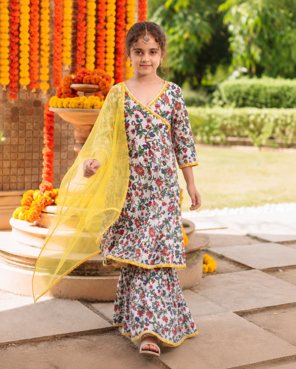 Bitiya by Bhama Girls white Floral Printed Kurta with Sharara & Dupatta