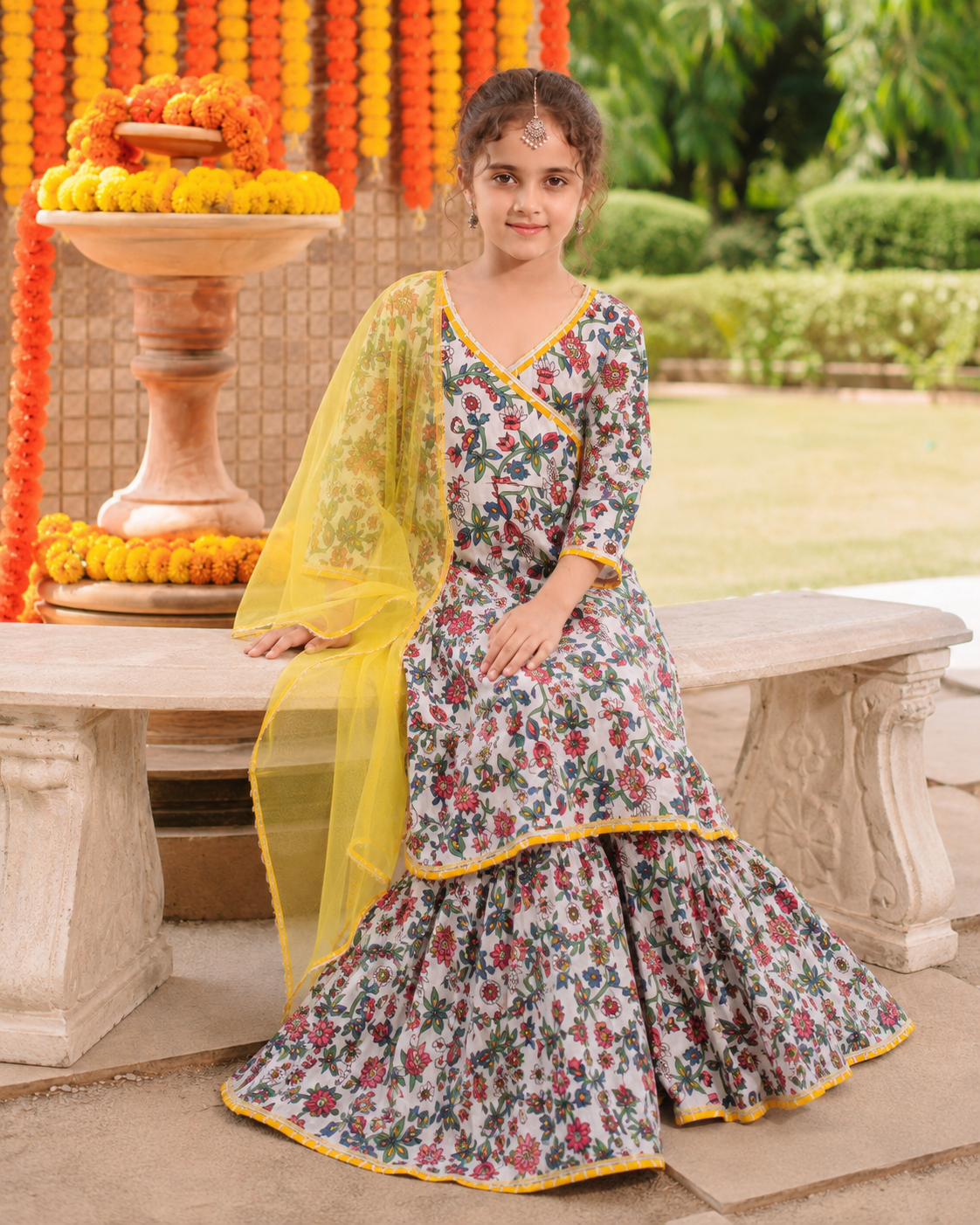 Bitiya by Bhama Girls white Floral Printed Kurta with Sharara & Dupatta