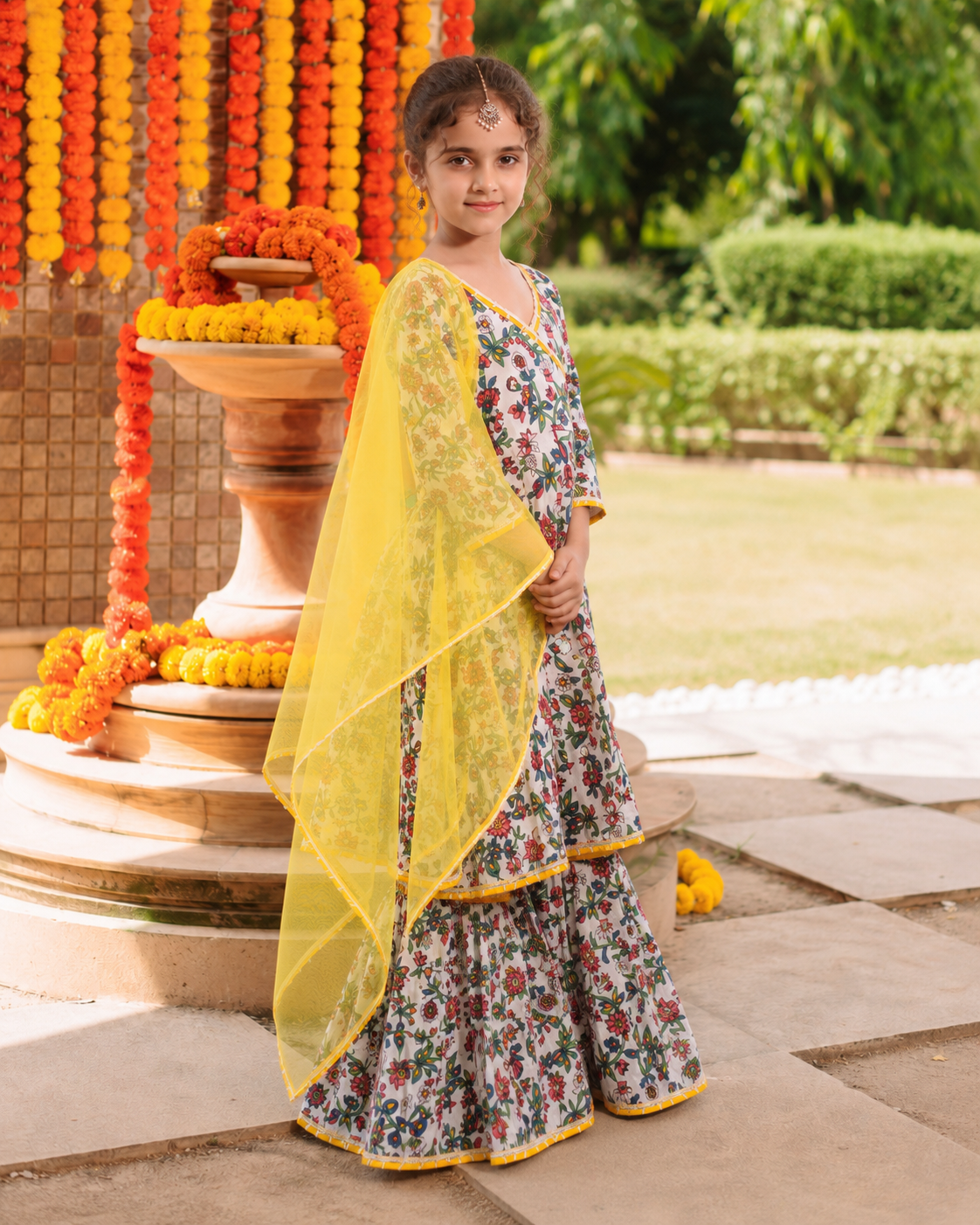 Bitiya by Bhama Girls white Floral Printed Kurta with Sharara & Dupatta