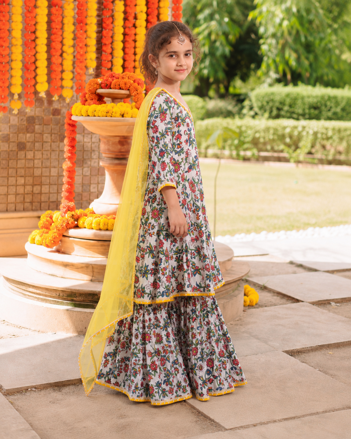 Bitiya by Bhama Girls white Floral Printed Kurta with Sharara & Dupatta