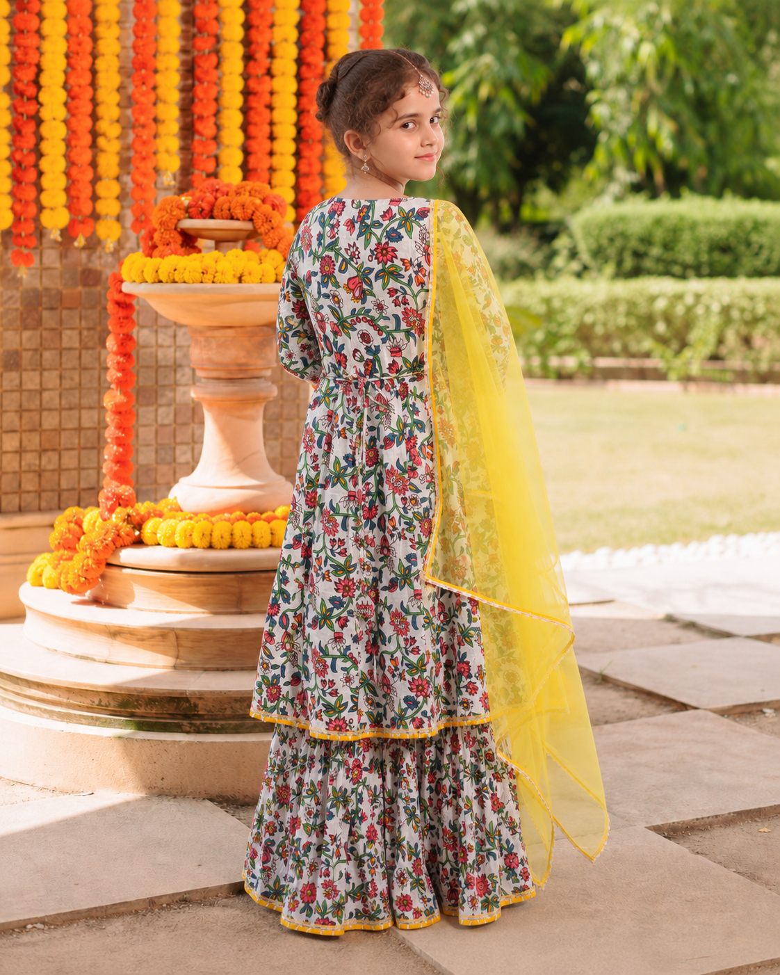 Bitiya by Bhama Girls white Floral Printed Kurta with Sharara & Dupatta