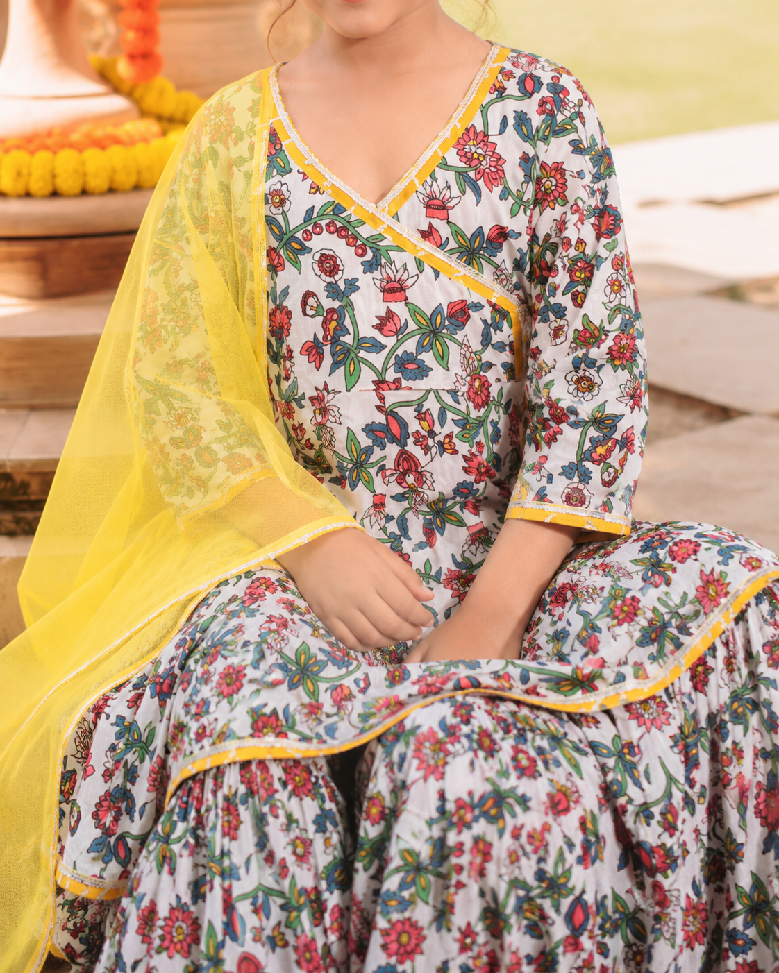 Bitiya by Bhama Girls white Floral Printed Kurta with Sharara & Dupatta
