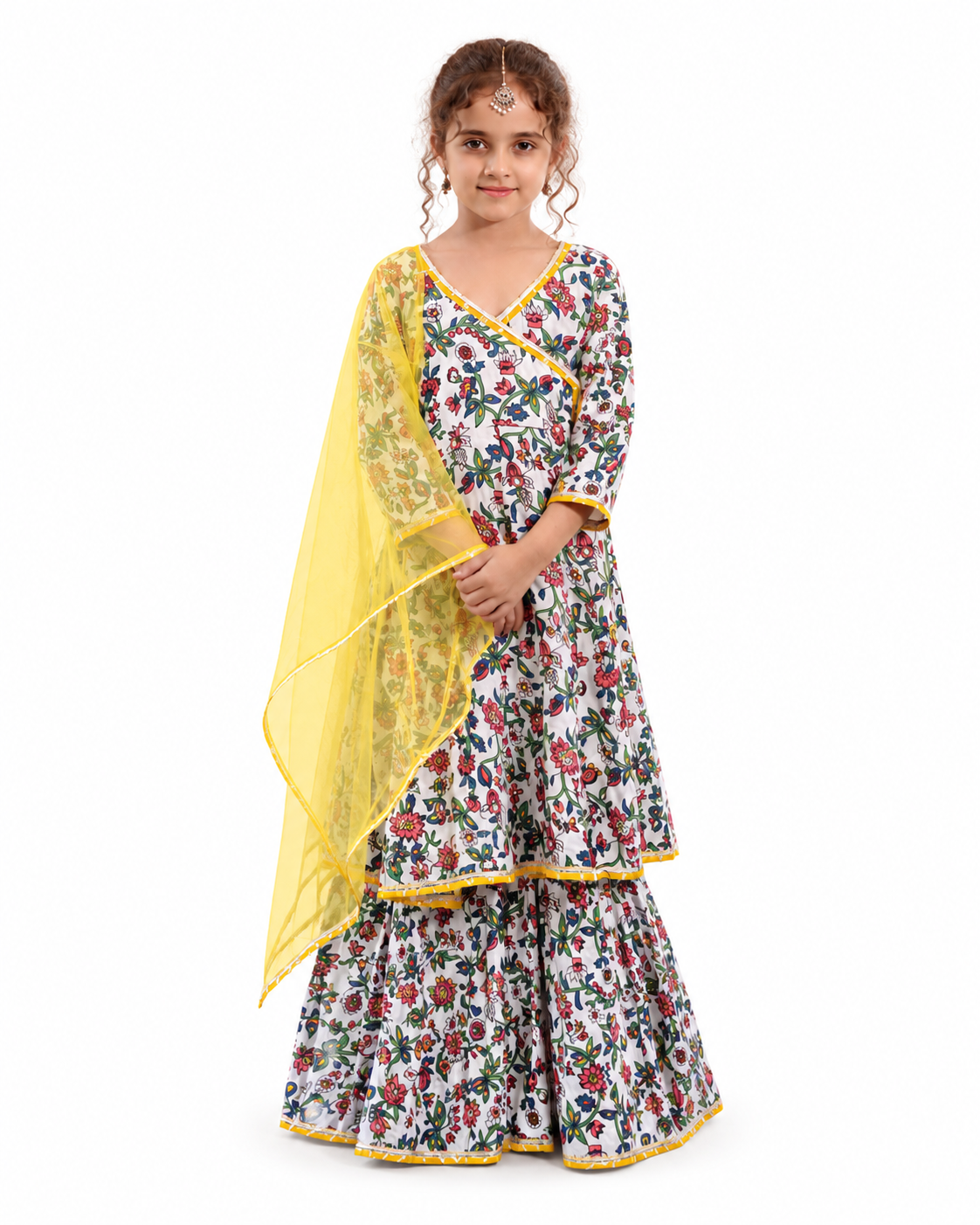 Bitiya by Bhama Girls white Floral Printed Kurta with Sharara & Dupatta