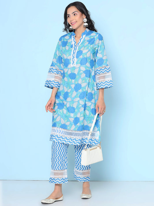 Women Floral Printed Mandarin Collar Pure Cotton Kurta With Trousers