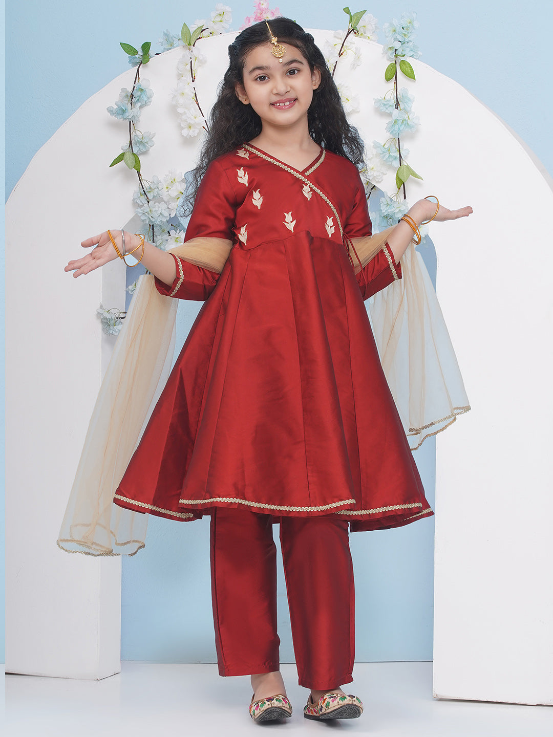 Bitiya by Bhama Girls Maroon Embroidered Angrakha Kurta with Trousers with dupatta