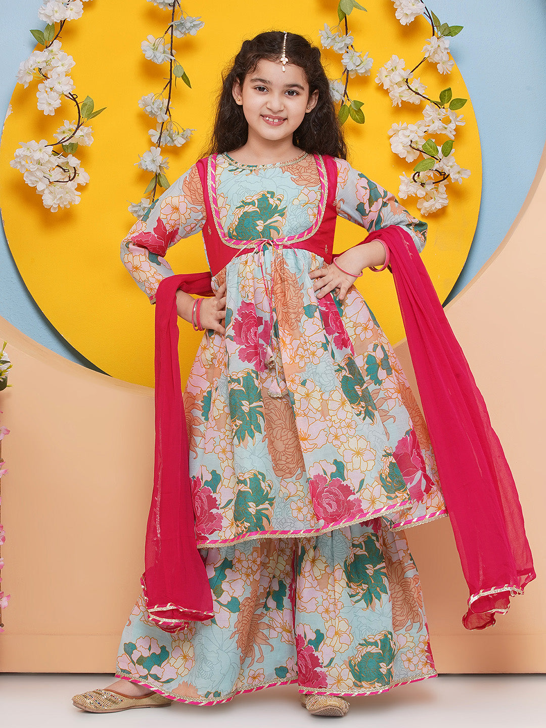 Bitiya by Bhama Girls Sea Green Multi Printed Jacket Style kurta with Sharara With dupatta