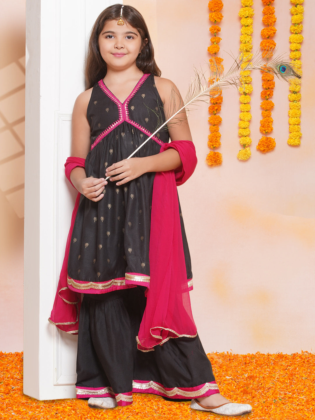 Bitiya by Bhama Girls Black Gold Ethnic motifs Printed Alia Design Kurta With Sharara & Dupatta