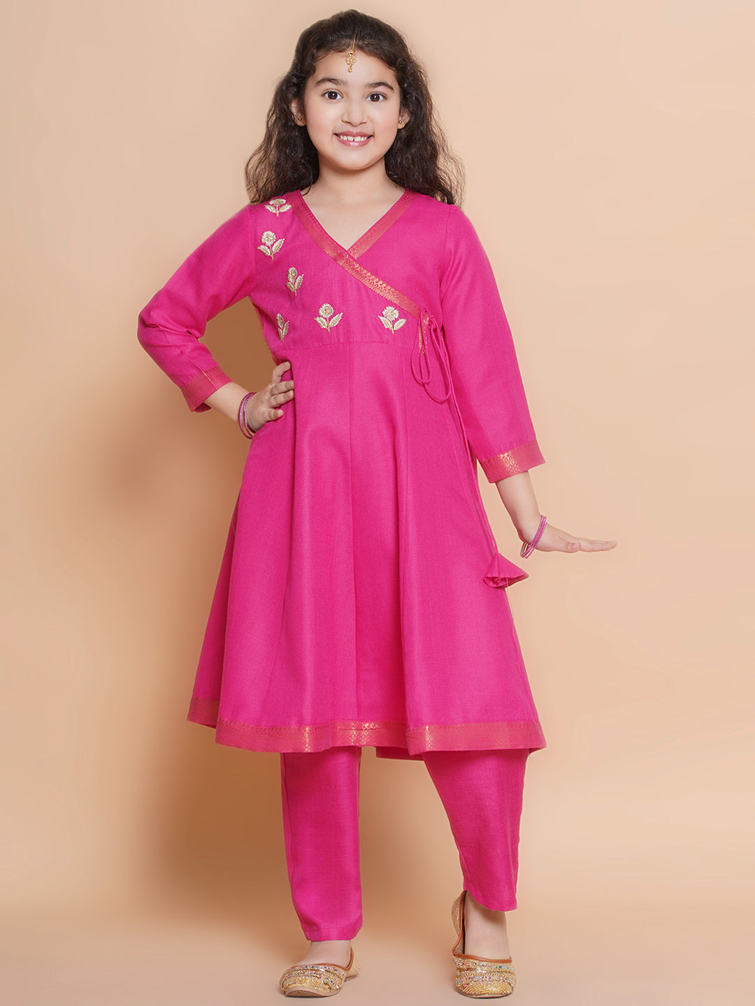 Bitiya by Bhama Girls Pink Embroidered Angrakha Kurta with Trousers