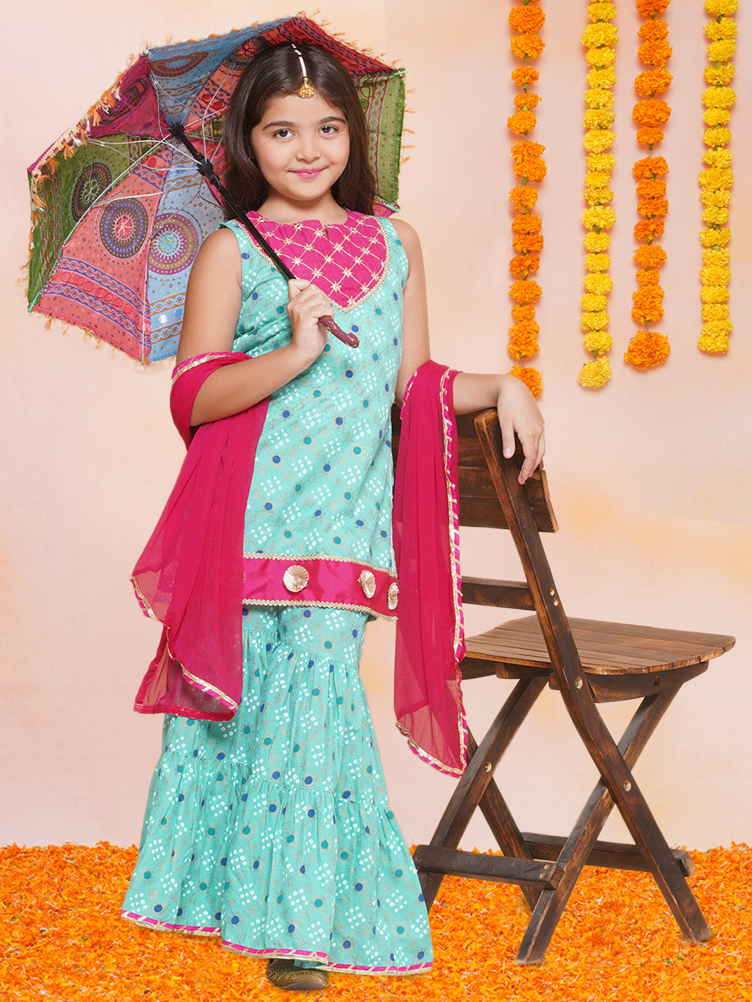 Bitiya by Bhama Girls Sea Green Gold Printed Kurta & Sharara With Dupatta