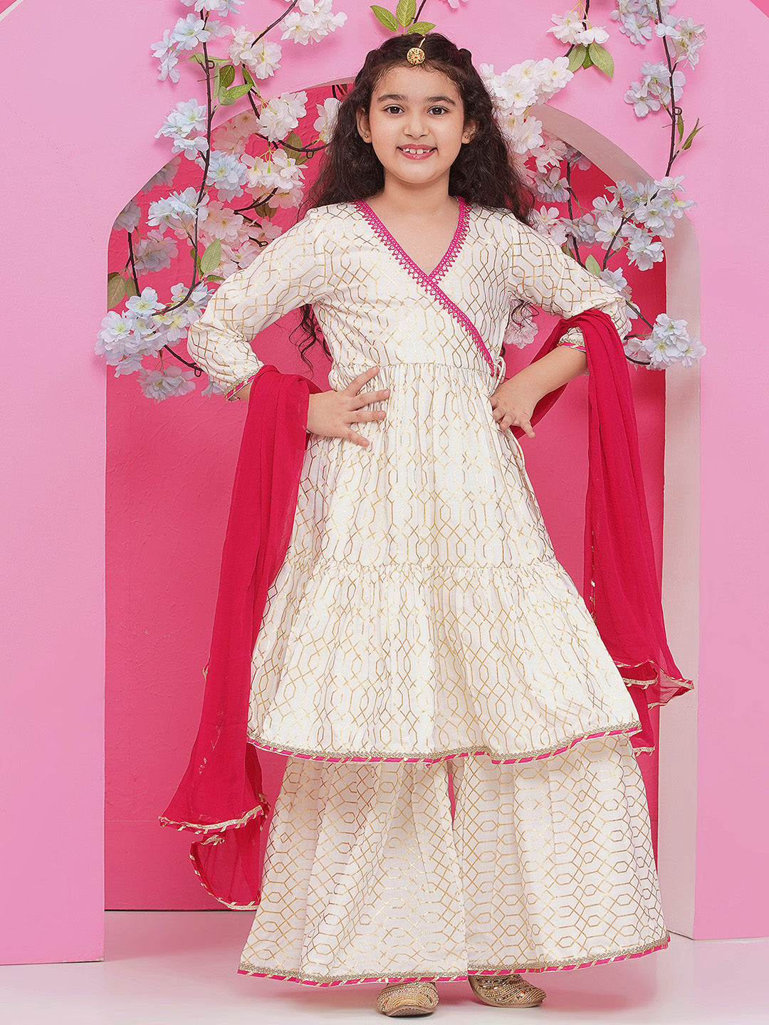 Bitiya by Bhama Girls Off white Foil Printed Angrakha Kurta with Sharara with dupatta