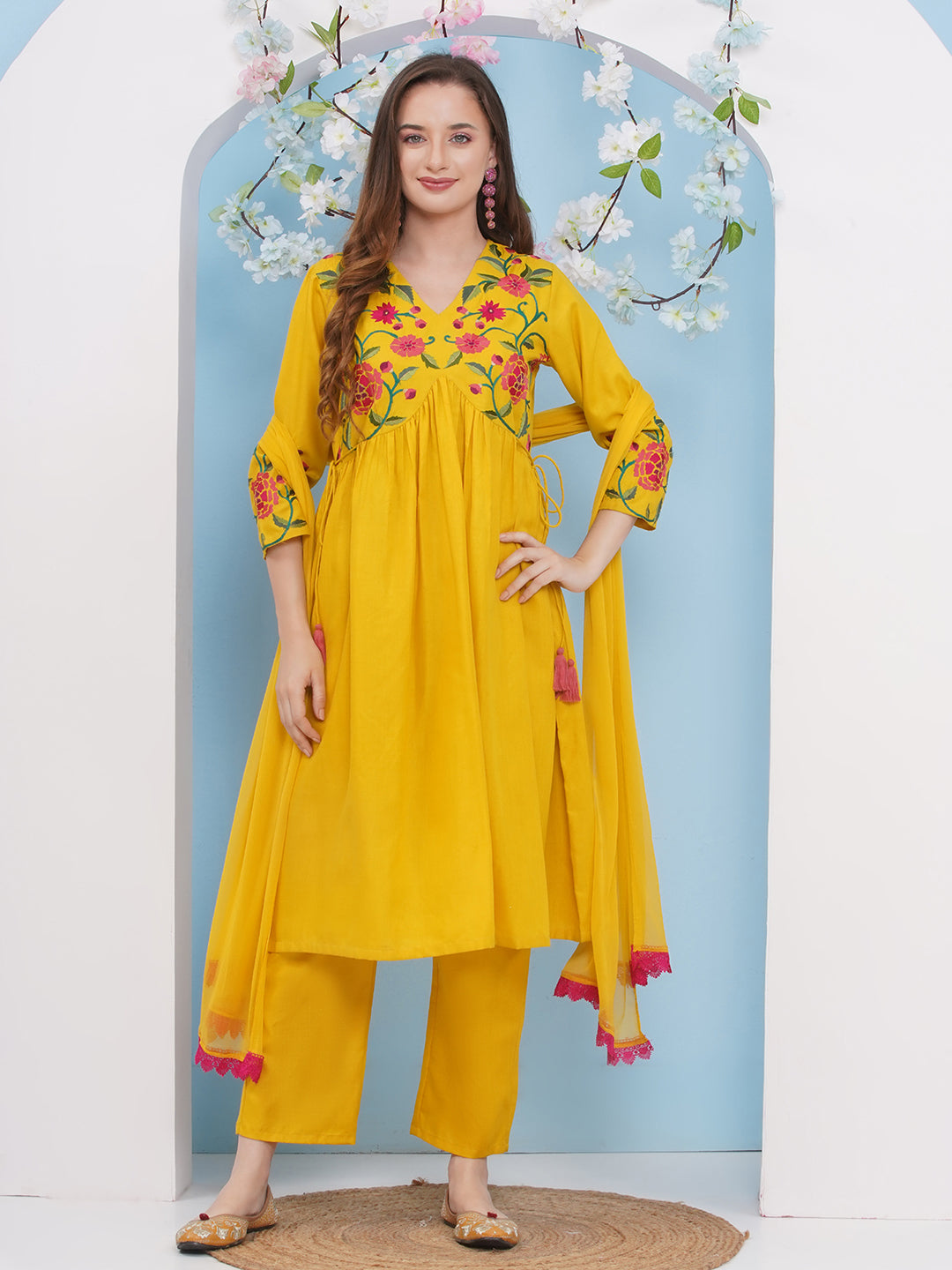 Floral Embroidered Anarkali Kurta With Palazzos & Dupatta