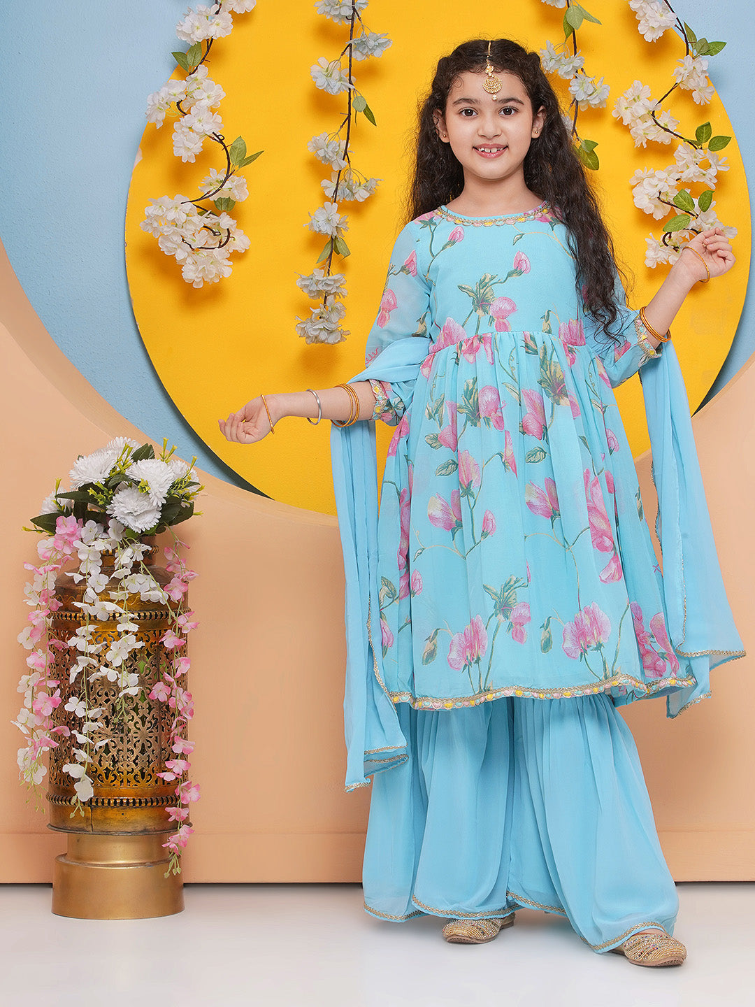 Bitiya by Bhama Girls Blue Floral Printed Kurta with Sharara With dupatta