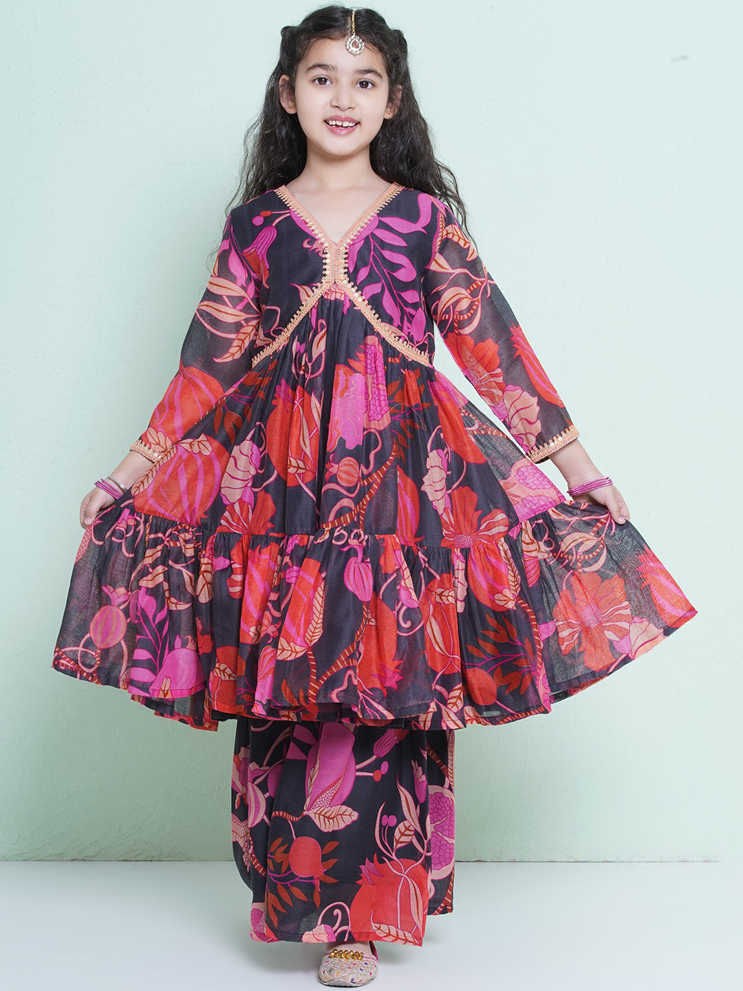 Girls Floral Printed Empire Gotta Patti Kurta with Sharara