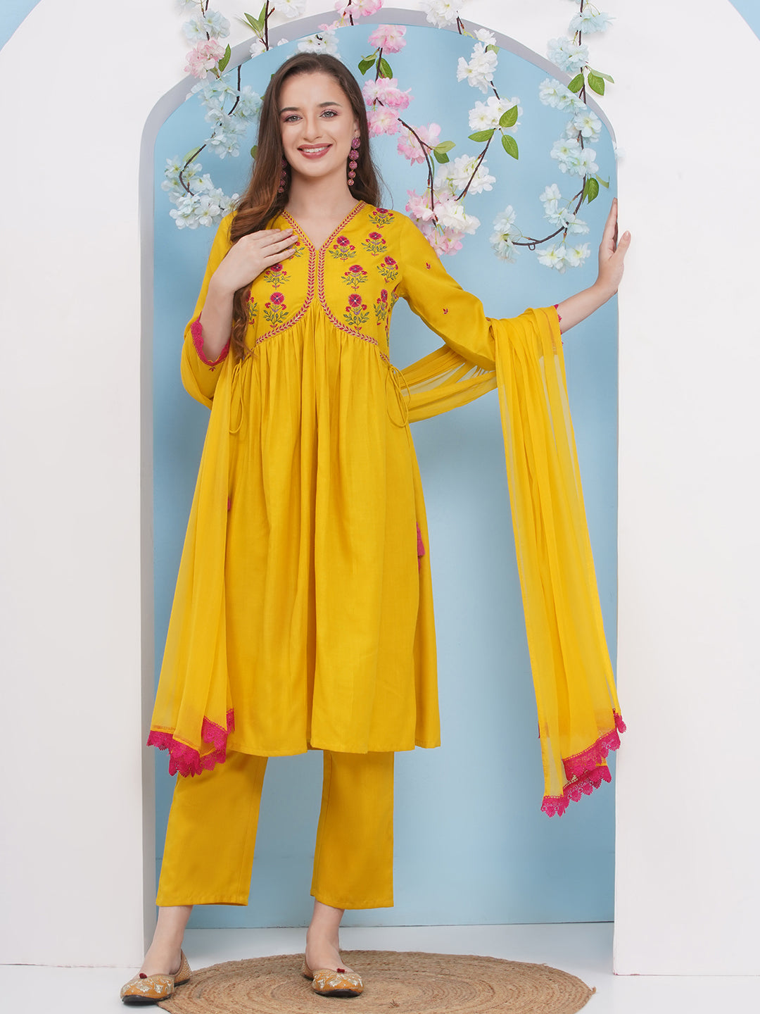 Floral Embroidered Anarkali Kurta With Palazzos & Dupatta
