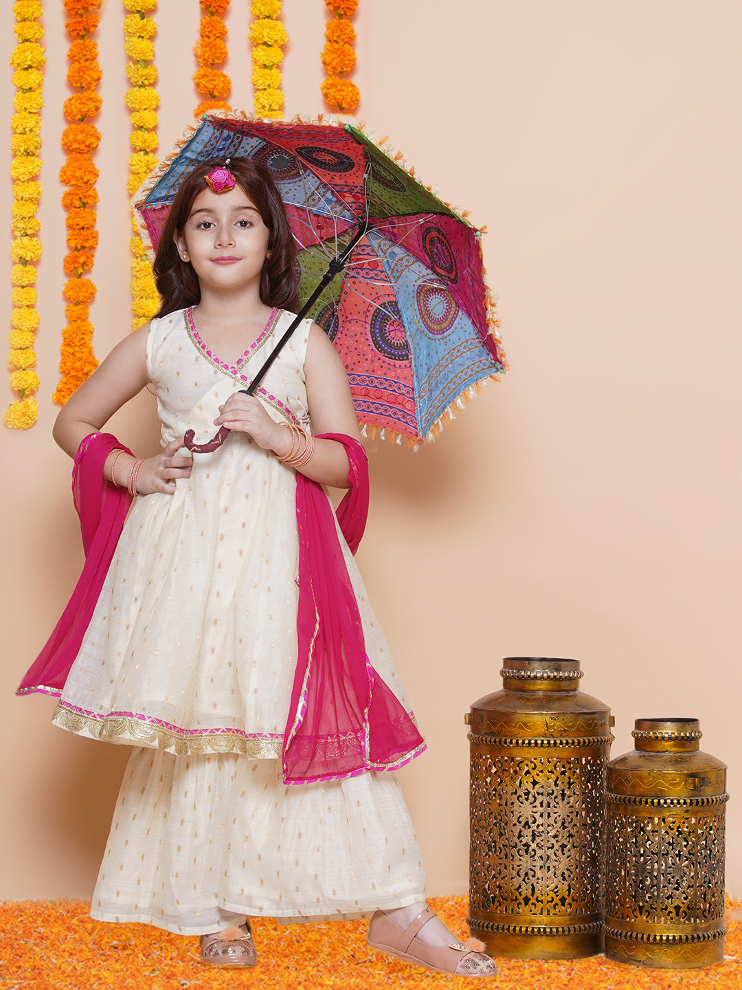 Bitiya by Bhama Girls Off white Angrakha Kurta with Sharara & Dupatta