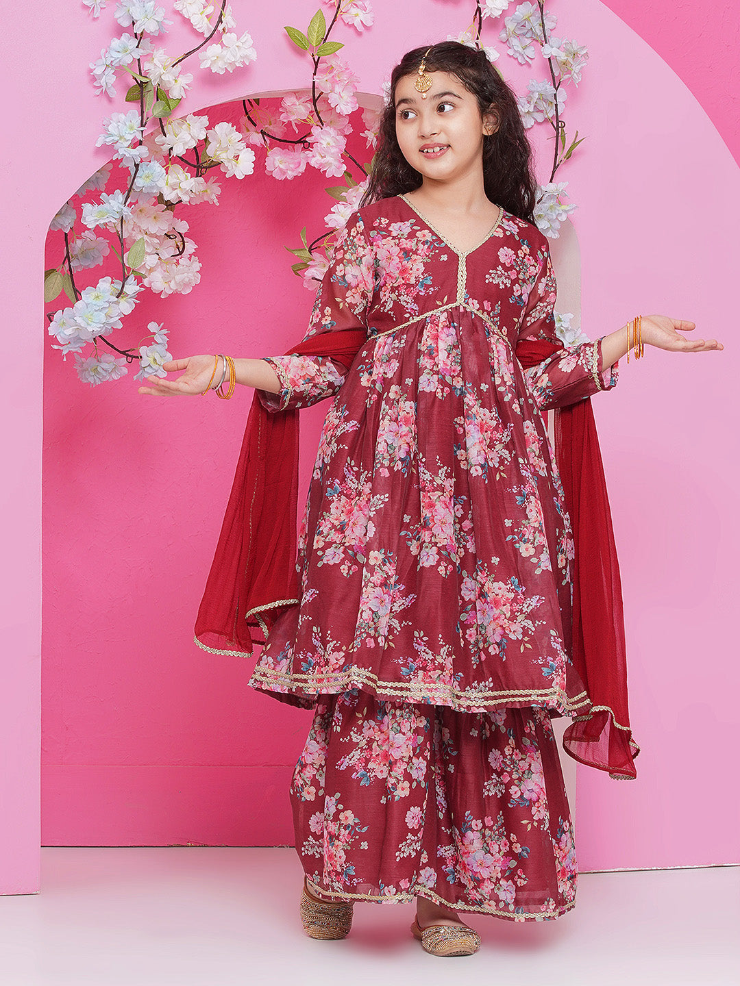 Bitiya by Bhama Girls Maroon Floral Printed Alia Design Kurta with Sharara with dupatta