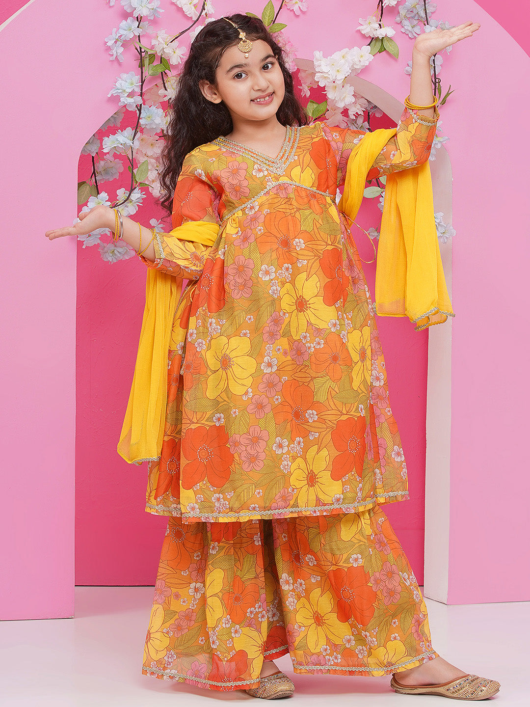 Bitiya by Bhama Girls Yellow Floral Printed Alia Design Kurta With Sharara With dupatta