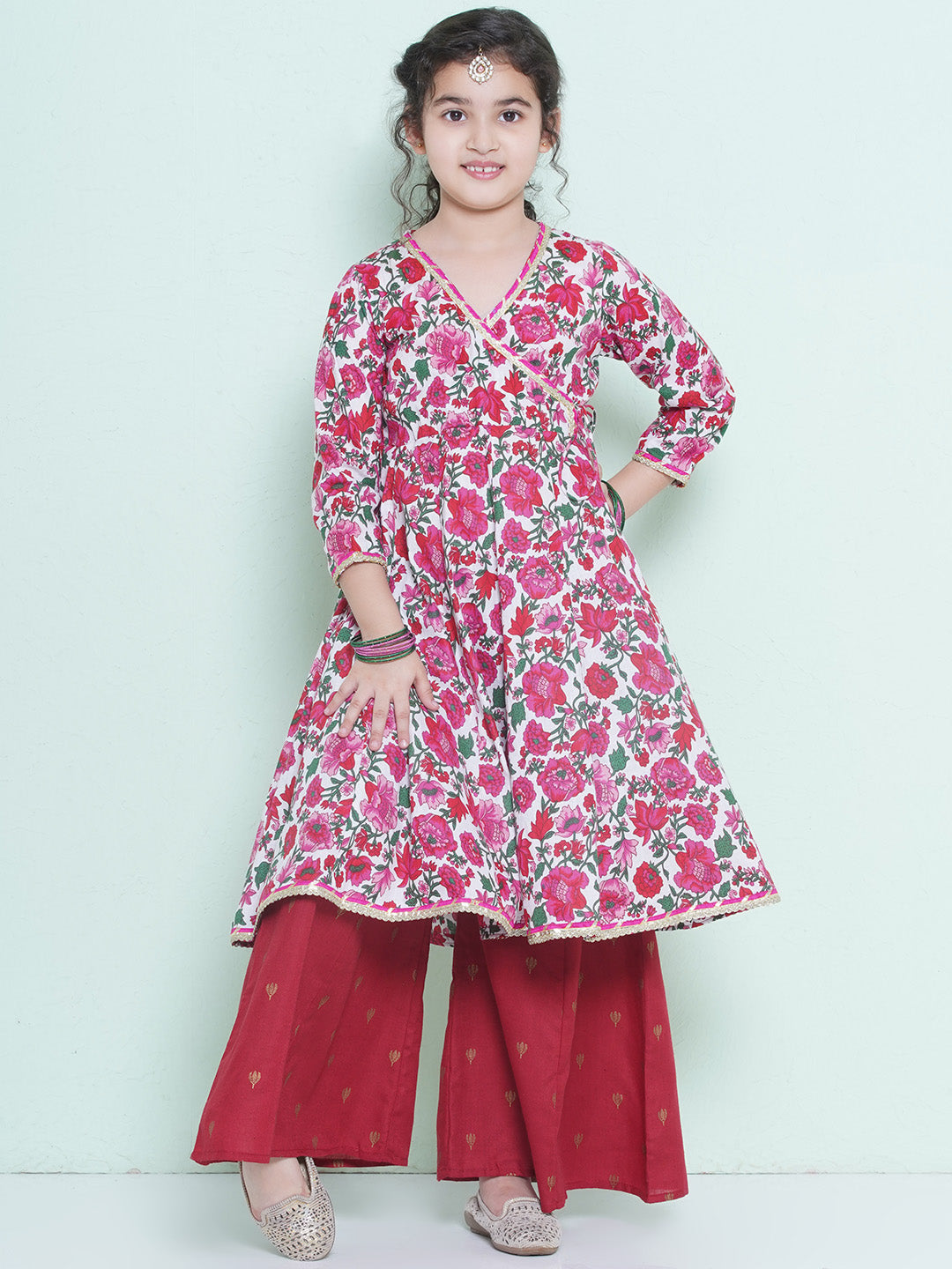 Girls Printed Angrakha Pure Cotton Anarkali Kurta With Palazzos