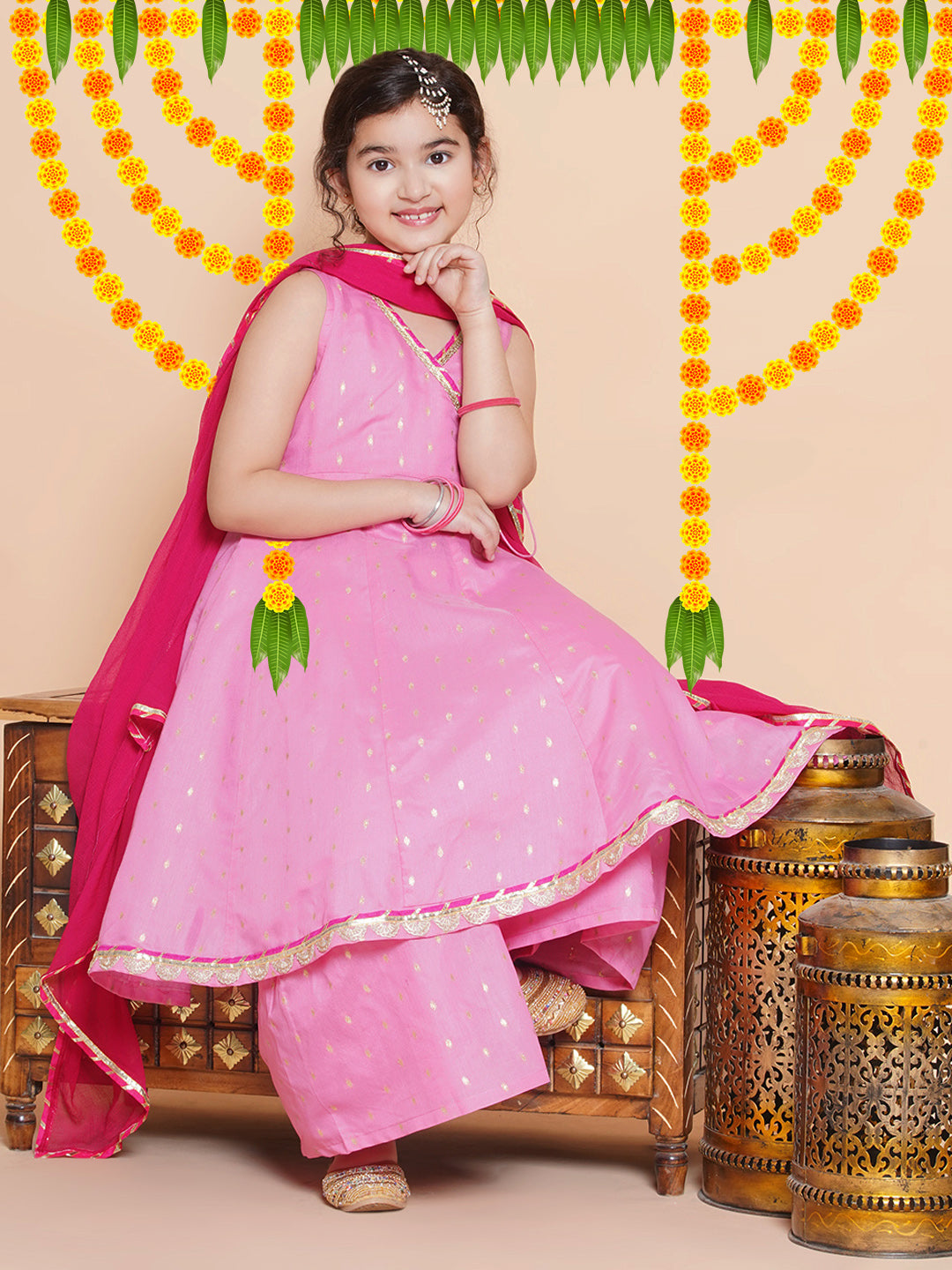 Bitiya by Bhama Girls Pink Ethnic motifs woven design Kurta With Sharara dupatta
