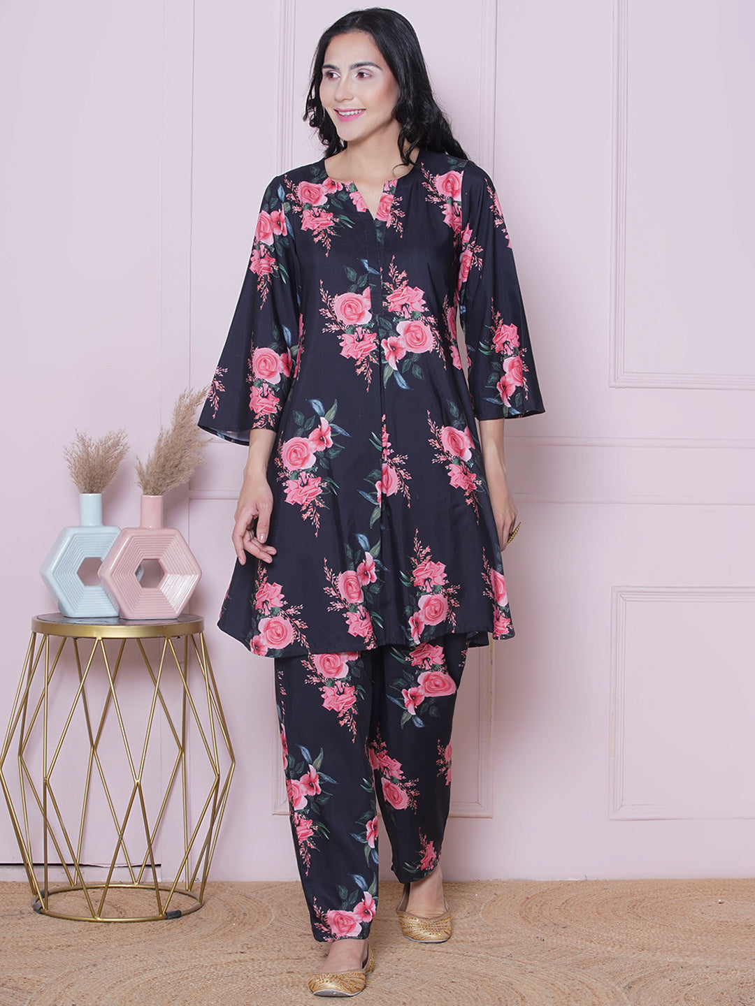 Floral Printed Notch Neck A-Line Kurta With Palazzos