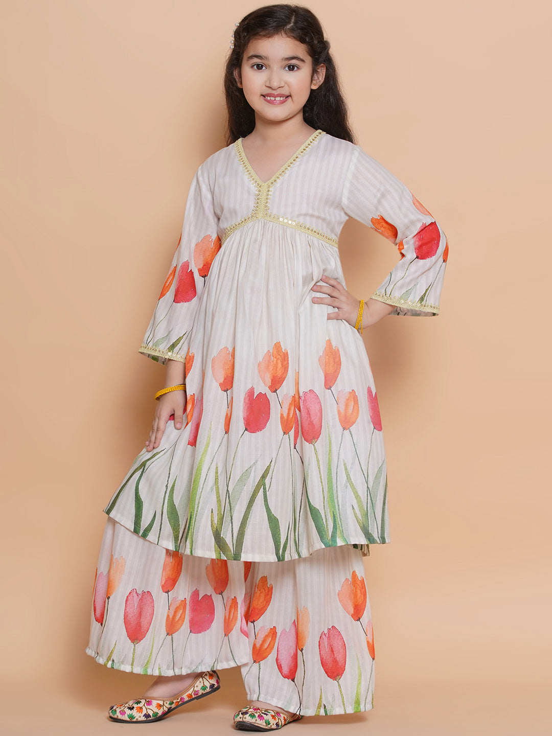 Girls Printed Empire Gotta Patti Pure Cotton Anarkali Kurta With Sharara