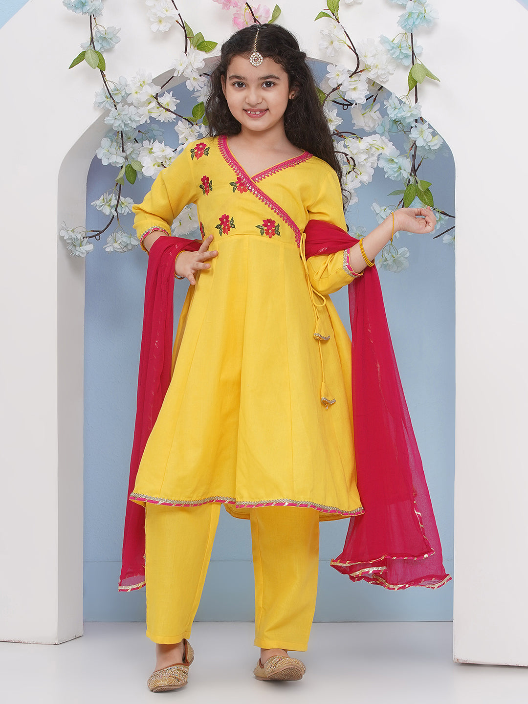 Bitiya by Bhama Girls Yellow Embroidered Angrakha Kurta with Trousers with dupatta