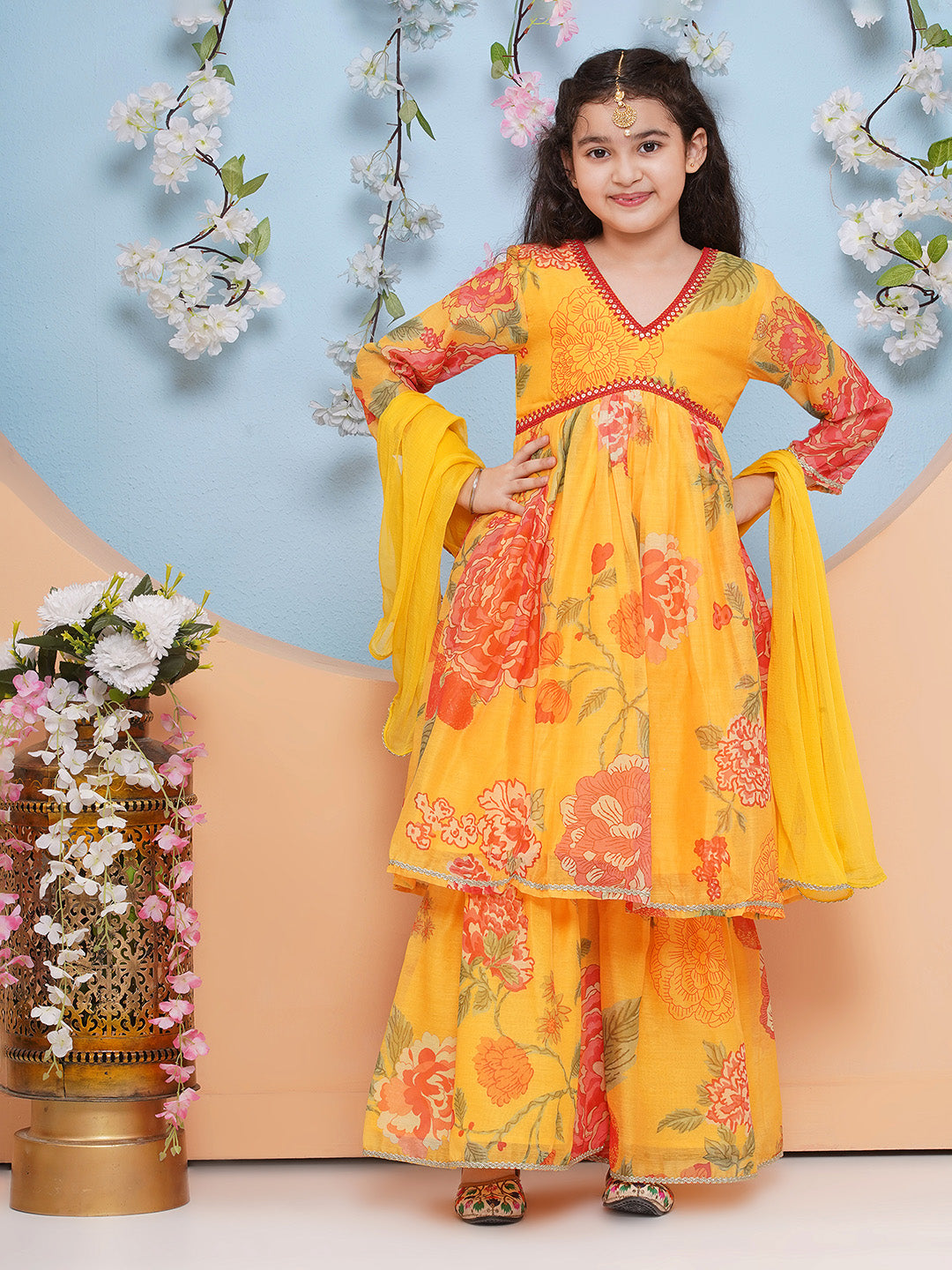 Bitiya by Bhama Girls Yellow Floral Printed Alia Design Kurta With Sharara With dupatta