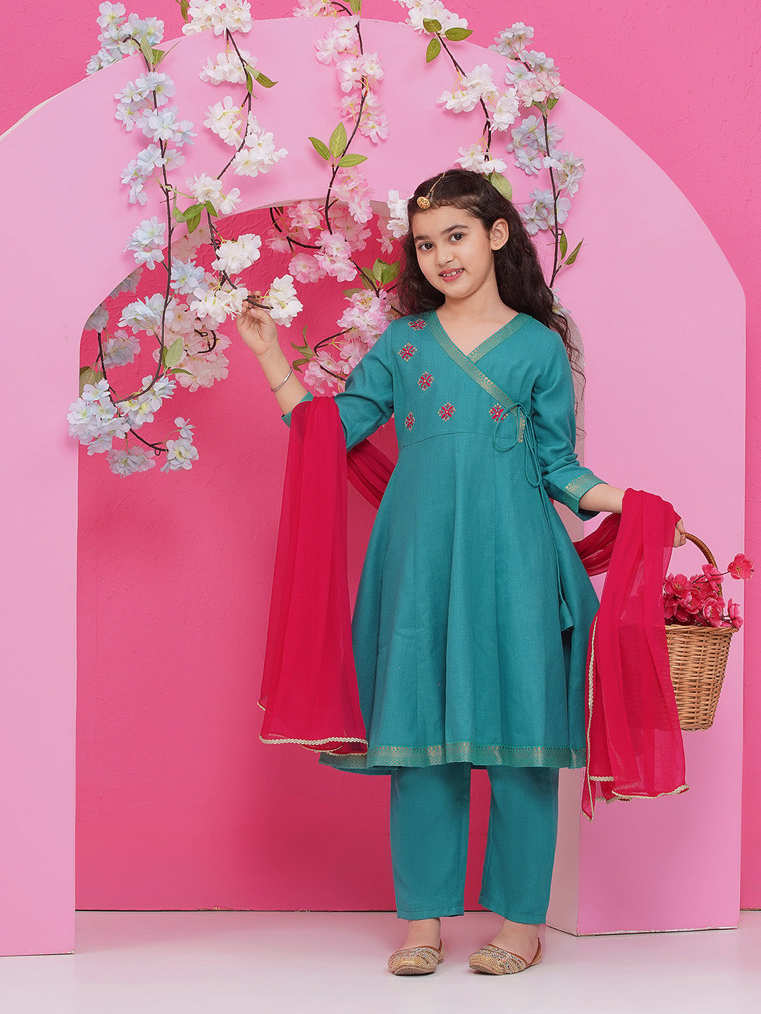 Bitiya by Bhama Girls Green Embroidered Angrakha Kurta with Trousers with dupatta