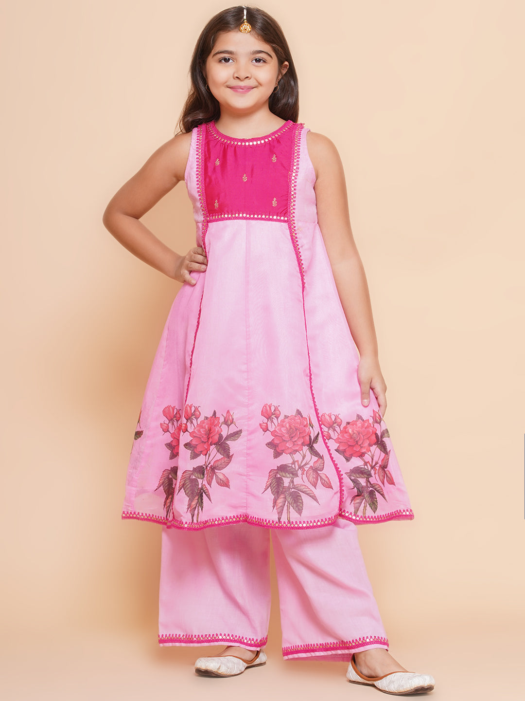 Bitiya by Bhama Girls Pink Floral  Printed Kurta with Palzzzo