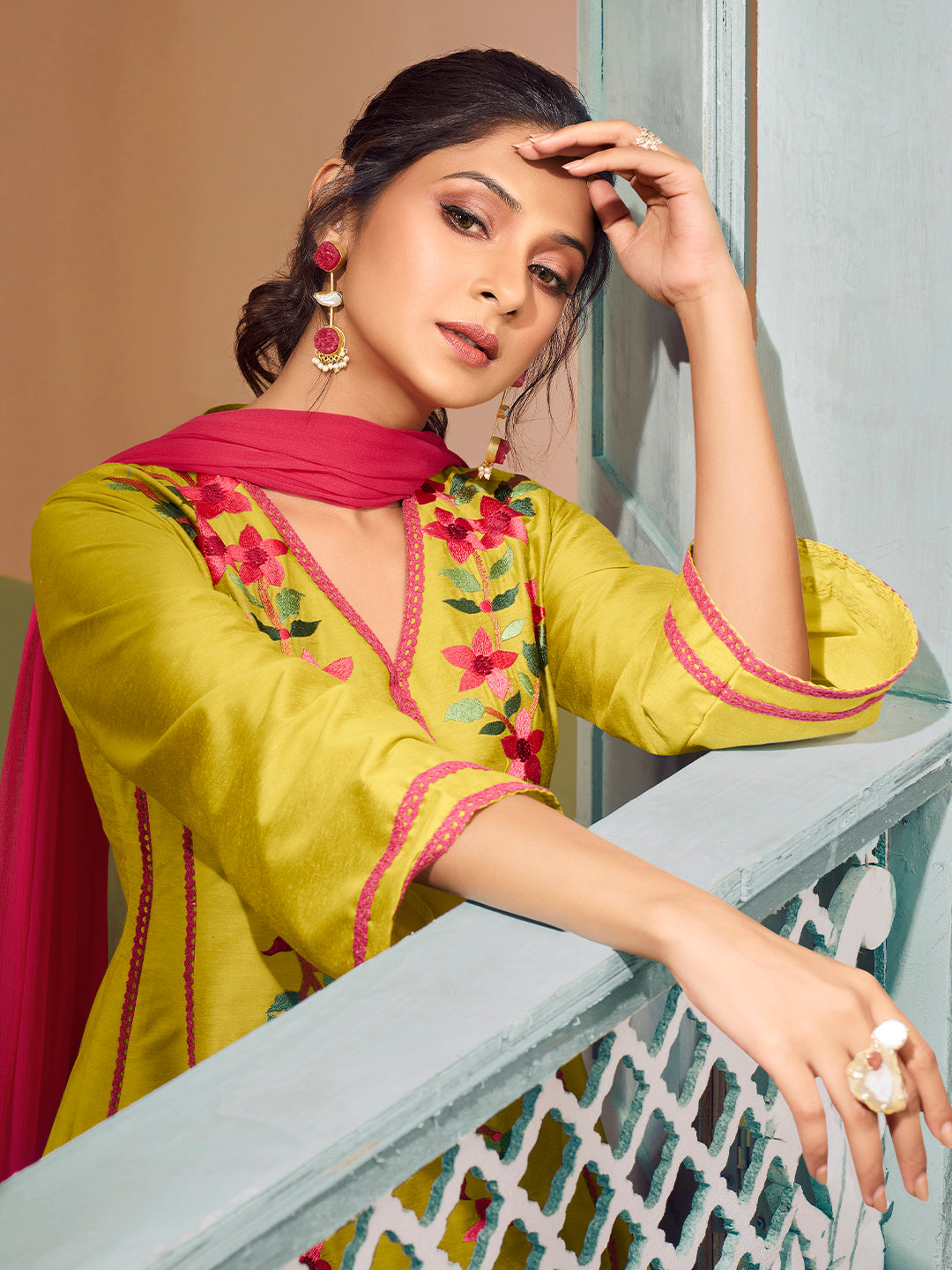 Bhama Couture Jennifer Winget Yellow Embroiderd Anarkali Flared Kurta with Palazzos Dupatta.