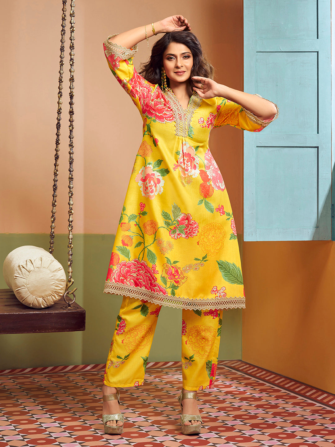 Bhama Couture Jennifer Winget Yellow Multi Colour Floral Printed Kurta set