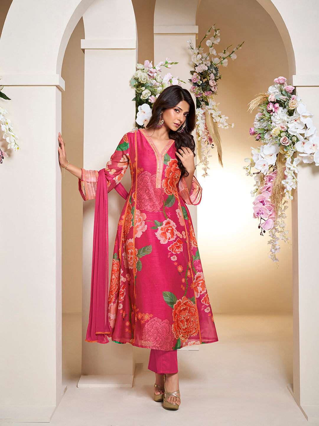Bhama Couture Jennifer Winget Pink Colour Floral Printed Flared Anarkali Kurta with Palazzos Dupatta.