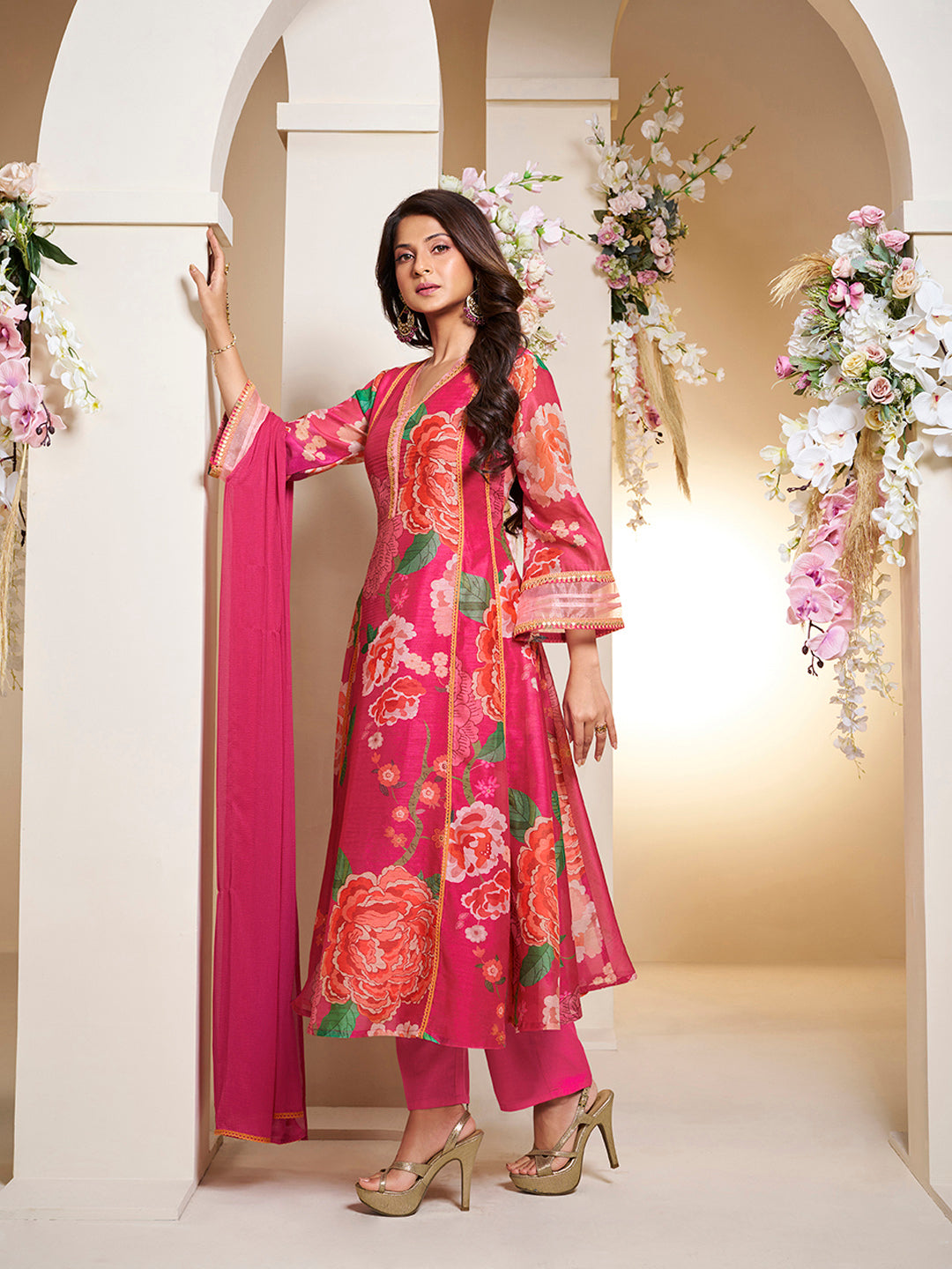 Bhama Couture Jennifer Winget Pink Colour Floral Printed Flared Anarkali Kurta with Palazzos Dupatta.